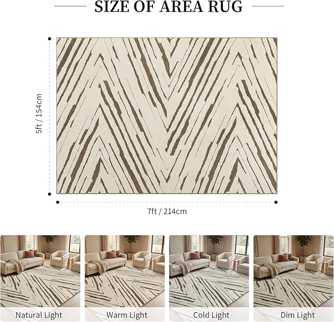 5x7 Area Rug for Living Room, Washable Cream Brown Bedroom Rug | Washable Modern Minimalist Rug for Bedroom, Living Room, and Office with Abstract Stripes and Non-Slip Backing