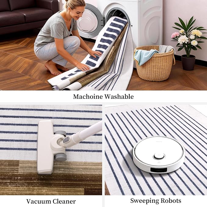 8x10 Washable Area Rug for Living Room, Modern Abstract, White Brown Black | Geometric Striped Color Block, Ivory Low Pile Non Slip Rug for Bedroom Dining Room Office, Farmhouse Decor