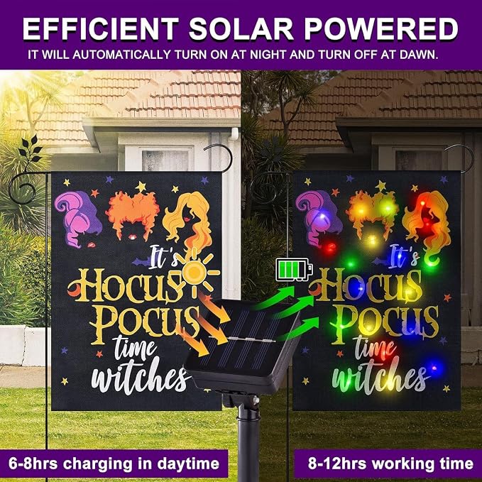 Halloween Lighted Garden Flag, Solar It's Hocus Pocus Witch Yard Flag for Outside, 8 Modes Double Sided Halloween Outdoor Decorations for Home Porch
