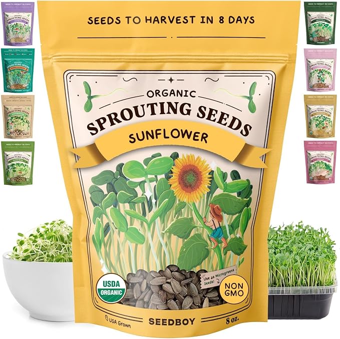 Seedboy Organic Sunflower Seeds for Sprouting - Non-GMO, USA Grown Microgreens Sprouting Seeds Mix - Makes 5 Quarts of Sprouts, 20 Servings (8 oz) (Black Oil Sunflower)