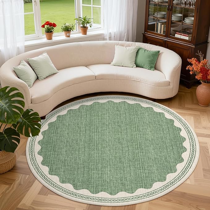 GarveeHome Scalloped Sage Green 6ft Round Rug Washable Non-Slip Soft Ultra-Thin Small Circle Modern Cottage Core Solid Carpet for Entryway Kitchen Bedroom Nursery Dining Room