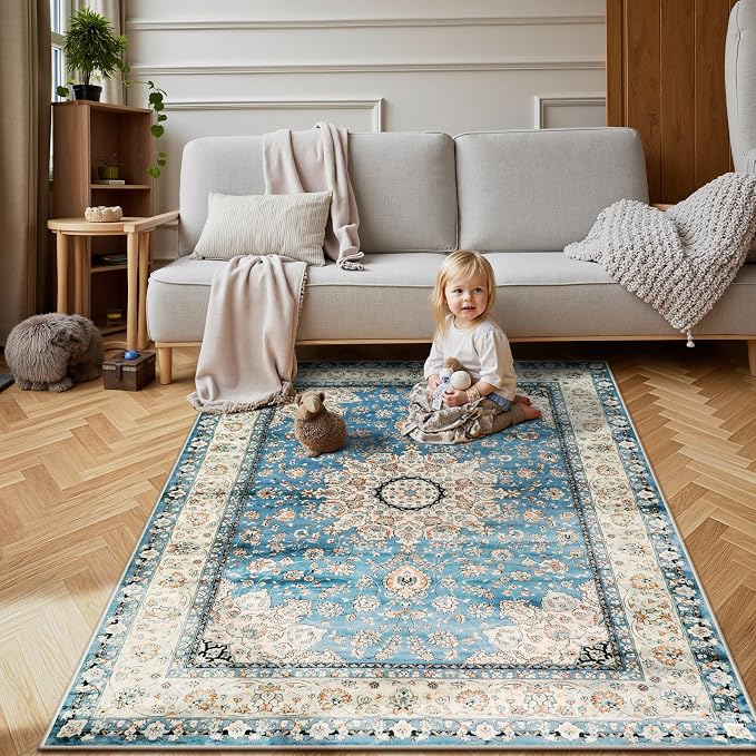 Lahome Felice Oriental Floral Medallion Area Rug - 4x6 Blue Bedroom Rug Living Room Mat, Distressed Soft Non Slip Washable Indoor Nursery Throw Carpet for Apartment Dining Kitchen Table Entrance