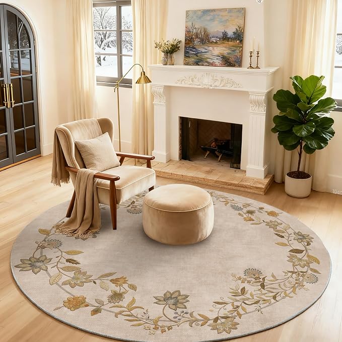 Washable Bedroom Round Rug 4ft: Living Room Circle Rug Stain Resistant Non Slip Low Pile Soft Faux Wool Small Area Rugs for Bedroom Kitchen Entryway Kids Room Bathroom Entrance Nursery Dorm Office