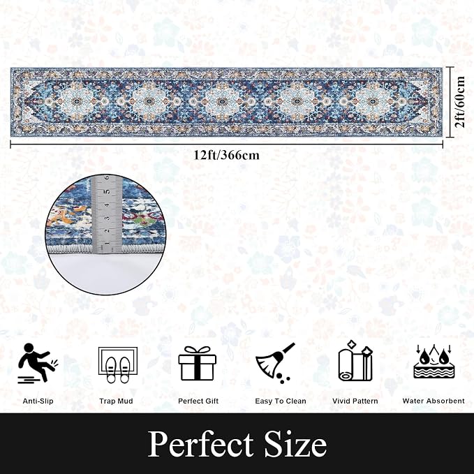 U'Artlines 2'x12' Boho Hallway Runner Rug Non Slip Washable Runners,Blue | Vintage Farmhouse Kitchen Rug Accent Area Carpet for Entryway Laundry and Living Room