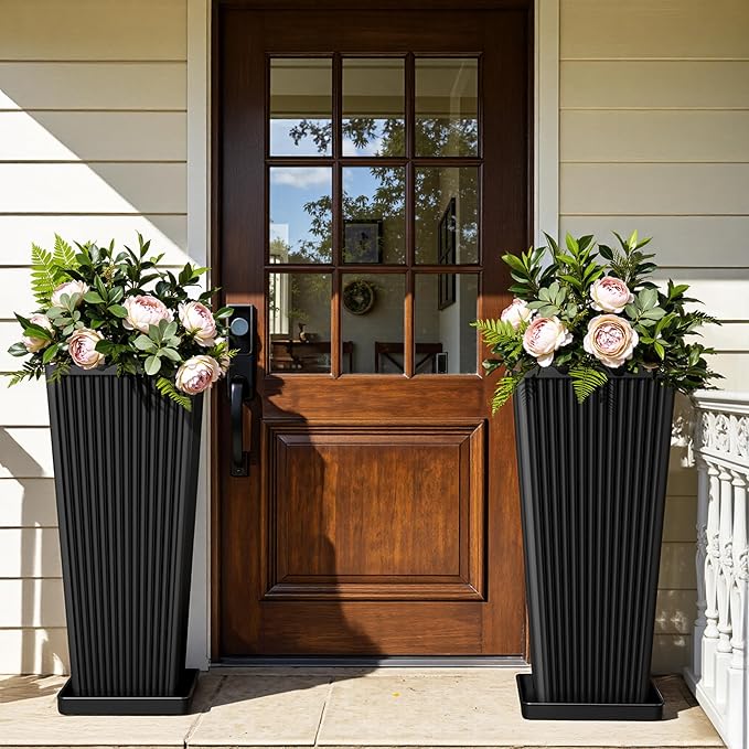 Front Porch Planters Outdoor Set of 2, 24" Tall Plastic Planters for Outdoor Plants with Drainage, Extra Large Outdoor Planter Pots, Tapered Tall Planters for Front Door & Indoor Plants, Black