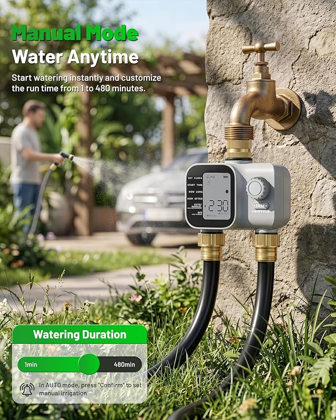 [2026 Upgrade] 2 Zone Sprinkler Timer with Brass Inlets & Outlets, Unistyle Programmable Water Timer for Garden Hose, IP55 Waterproof Hose Timers with Manual Irrigation Timers for Yard and Lawn Patio