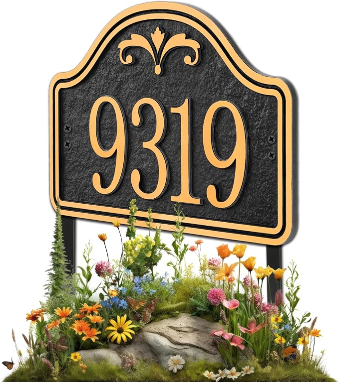 Personalized Lawn Address Plaque Sign with Stakes - House Address Signs for Outside Use for House,Apartment,Office,Yard (Black/Gold)