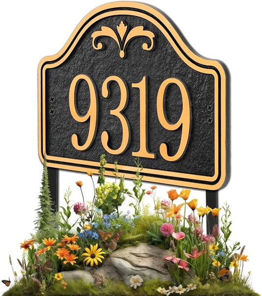Personalized Lawn Address Plaque Sign with Stakes - House Address Signs for Outside Use for House,Apartment,Office,Yard (Black/Gold)