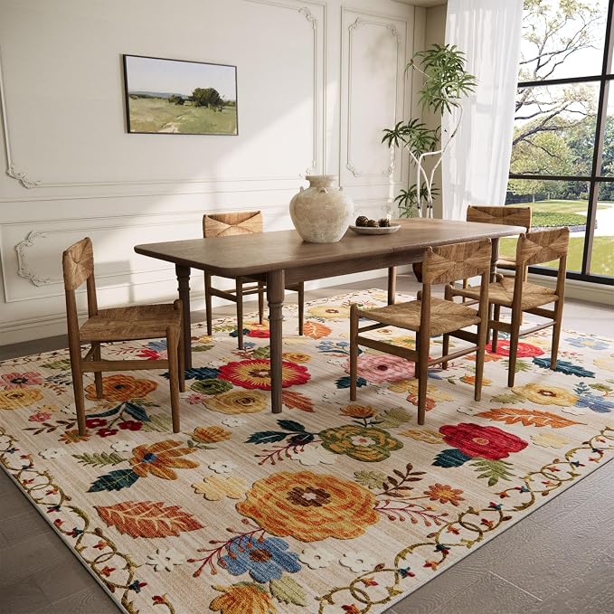 5x7 Area Rugs for Living Room: Machine Washable Rug for Bedroom Non Slip Low Pile Soft Faux Wool Non Shedding Distressed Vintage Floral Carpet for Dining Room Kitchen Entryway Farmhouse Office Indoor