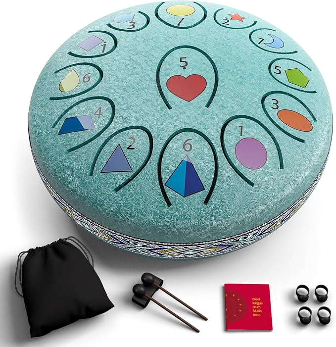 REGIS Rain Drum for Outside Garden, 6.8 Inches 13 Notes Steel Tongue Drum, Waterproof Meditation Rain Chime, UV-Printed Notes & Geometric Design, with Bag, Mallets & Music Book(malachite)