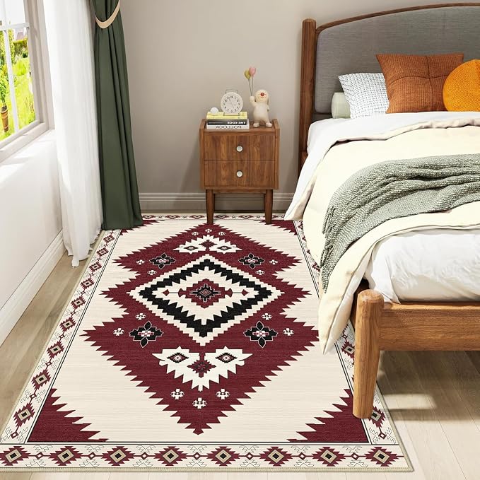4x6 Western Rugs for Living Room Southwestern Aztec Tribal Area Rug | Washable Southwest Navaj Rugs Low Pile Non-Slip Indoor Floor Carpet for Dining Room Bedroom Kitchen Office, Beige Red