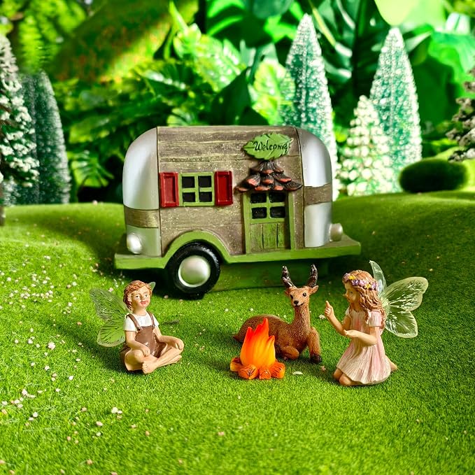 DONABELA Fairy Garden House Vintage Car with Wood Door & Window Resin Outdoor Indoor Decor Figurine for Patio Yard Lawn Unique Gift