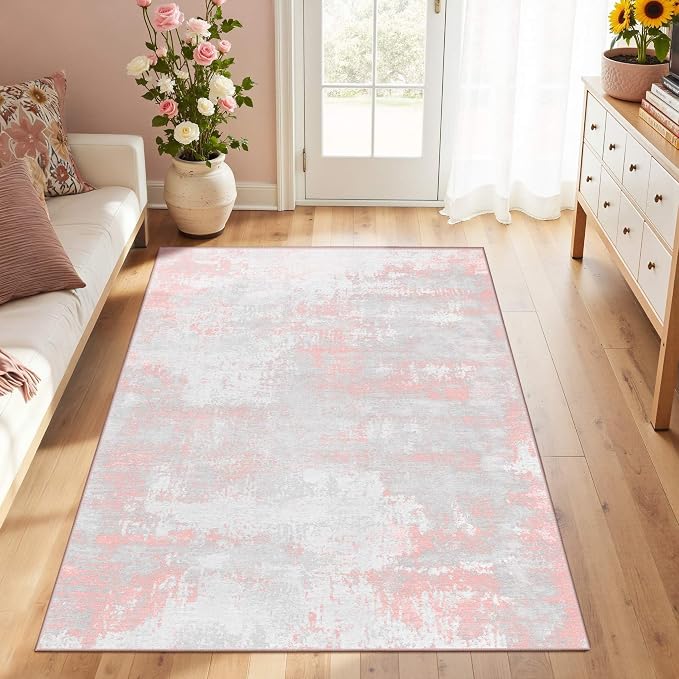 Latte&Fog 3x5 Entryway Pink Area Rugs, Modern Abstract Washable Rugs | for Girls Bedroom Dining Kitchen Kids Playroom Nursery Classroom Dorm Farmhouse Office, Non Slip Low Pile Soft Floral Carpet