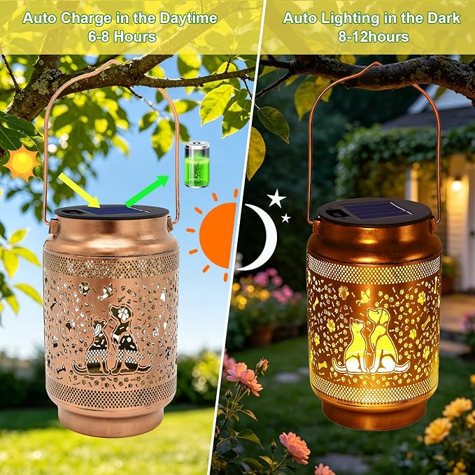 2 Pack Dog Solar Lanterns Outdoor Waterproof Solar Garden Decor, Birthday Gifts for Women Mom Grandma, Metal Hanging Lights with Shepherd Hook for Outside Yard Patio Pathway Backyard