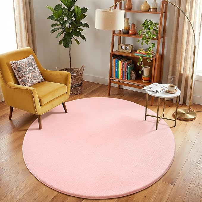 Amearea Pink Round Area Rug 4ft Washable Circle Rug for Bedroom Living Room | Fluffy Indoor Thickened Memory Foam Rugs, Non Slip Minimalist Circular Carpet for Kids Boys Girls Dorm Nursery Room Decor