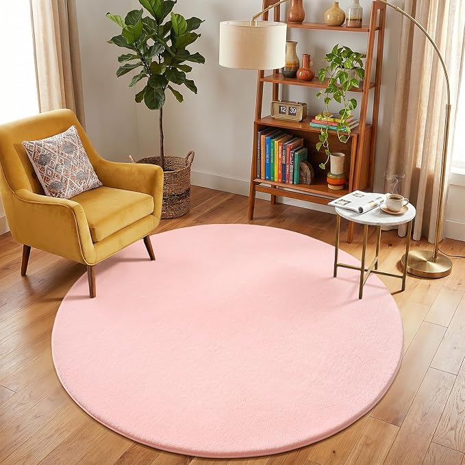 Amearea Pink Round Area Rug 5ft Washable Circle Rug for Bedroom Living Room | Fluffy Indoor Thickened Memory Foam Rugs, Non Slip Minimalist Circular Carpet for Kids Boys Girls Dorm Nursery Room Decor