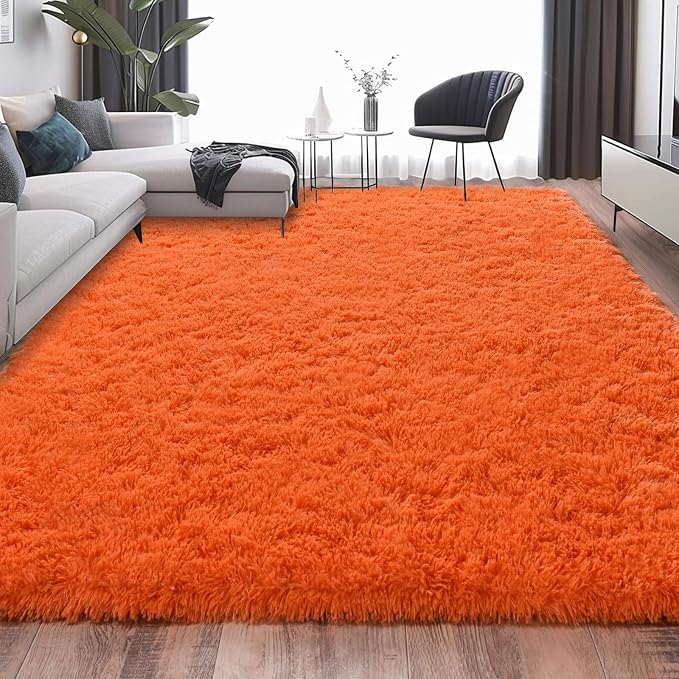 Soft Shag Fluffy Living Room Rug 6x9 Orange Washable | Upgrade Non-slip, 6 x 9 Shaggy Area Rugs for Bedroom, High Pile Fuzzy Plush Carpet Girls Kids Room Dorm, Flame Resistant