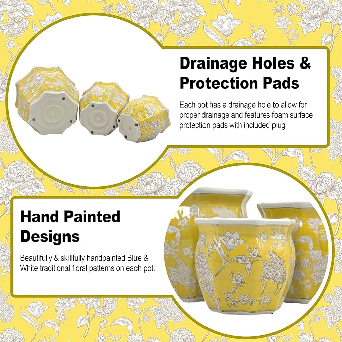 Galt International Yellow & White Round Fluted Floral Porcelain Ceramic Plant Flower Planter Pot Set of 3 (7.5", 10", 13") Garden Pots Chinese Asian Design