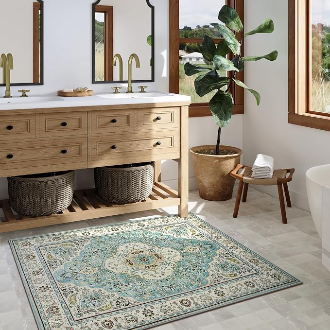 Lahome Felice Floral Medallion Area Rug - 3x5 Distressed Entry Throw Rug Turkish Indoor Accent Rug Non-Slip Washable Low-Pile Carpet for Entrance Living Room Bedroom Dining Table, Sky/Baby Blue