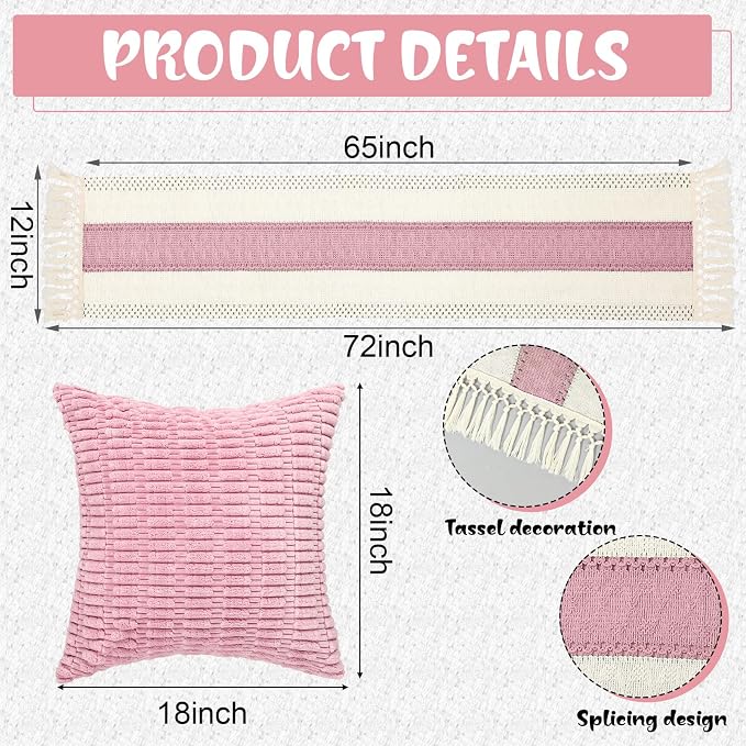 Beeveer 8 Pcs Light Pink Picnic Kit Extra Large Outdoor Boho Picnic Blanket 91x71'', Low Table Runner, 6 Throw Pillow Covers, Woven Cotton Yarn Oversize Washable Beach Blanket for Camp Wedding Garden