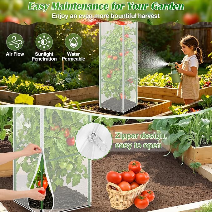 ROADPLUM 2 Pack Square Tomato Cages with 2 Plant Covers, 48" Heavy Duty Adjustable Tomato Cage for Garden, Plastic Coated Steel Pipe Stakes Trellis Plant Cages for Vegetable, Fruit, Climbing Plants