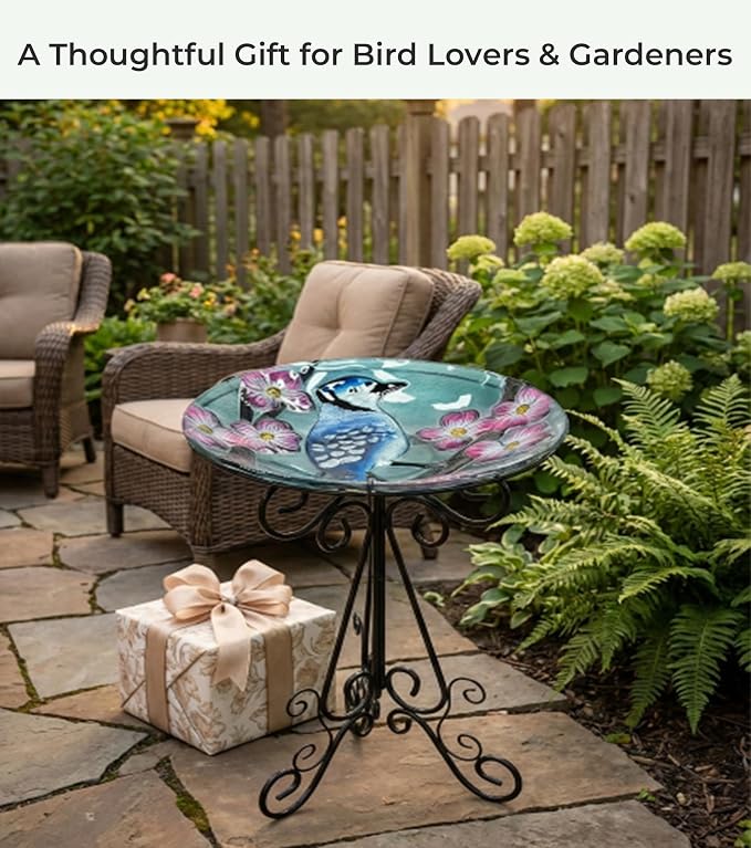 Large Bird Bath for Outside, 18" H Glass Bath Bowl with Metal Stand 28" H Standing Outdoor Birdbaths for Garden Yard Lawn Decor, Blue Jay