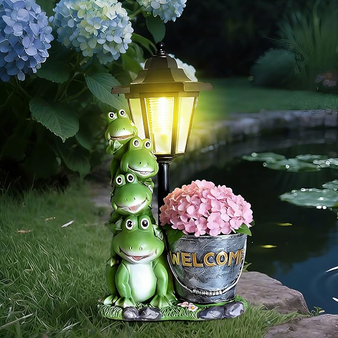 Solar Frog Statue for Outdoor, 13.4 Inch Outside Frog Family Ornaments with Lantern and Flowerpot for Garden Decor, Balcony, Patio, Yard, Lawn -Birthday Gifts for Women Grandparents