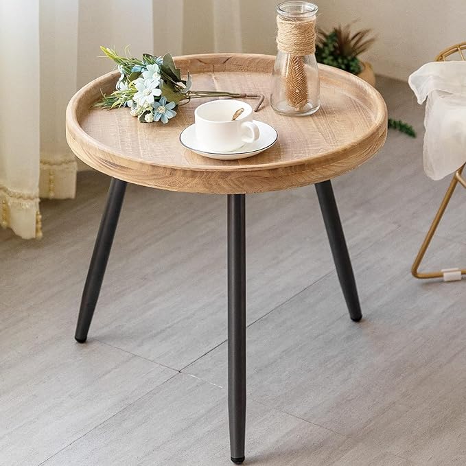 LITA Log Desktop Round Side End Table, Nightstand Tables, Indoor Outdoor Round Side Table, Wooden Tray Table with Black Metal Stand End Table for Living Room Bedroom Office Small Spaces (L)