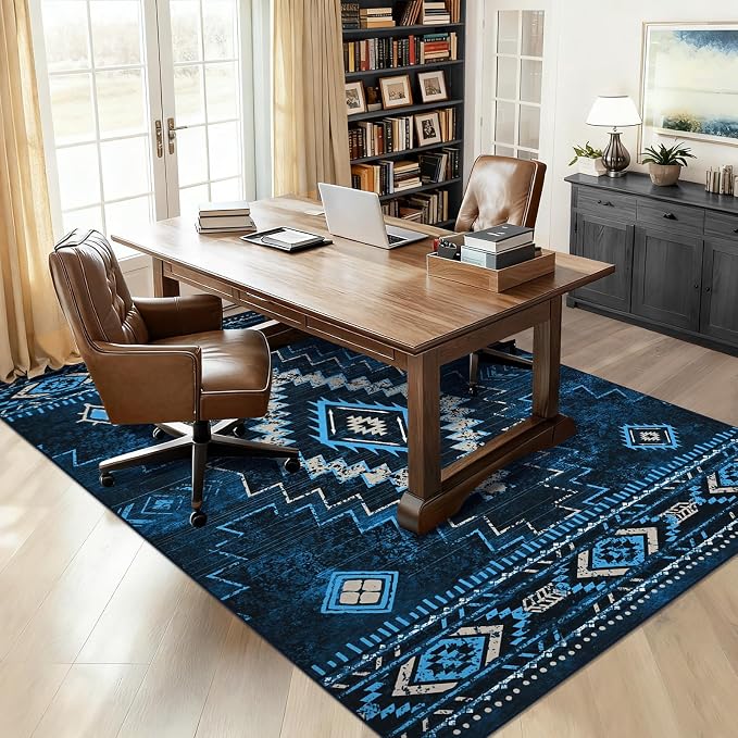 Yinhua Western Living Room Rug 5x7, Low-Pile Washable Rug for Bedroom | Aztec Blue Rugs Non-Slip with Rubber Backing, Soft Non-Shedding Carpet for Dining Table Office Nursery