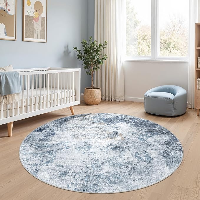 DMOYEST 5ft Round Area Rug for Living Room Washable Non Slip Circle Rug | 5x5 Neutral Modern Abstract Low Pile Rugs Kid & Pet Friendly Soft Carpet for Bedroom and Dining Room - Blue
