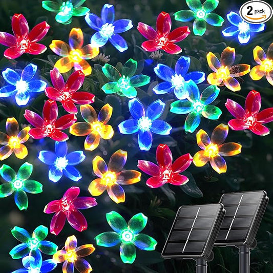OZS 2PK 80LED 50FT Flower Solar String Lights Outdoor Waterproof, Cherry Blossoms Multicolor Lights with 8 Lighting Modes, Garden Decor for Outside, Pathway Light for Fence, Patio, Yard