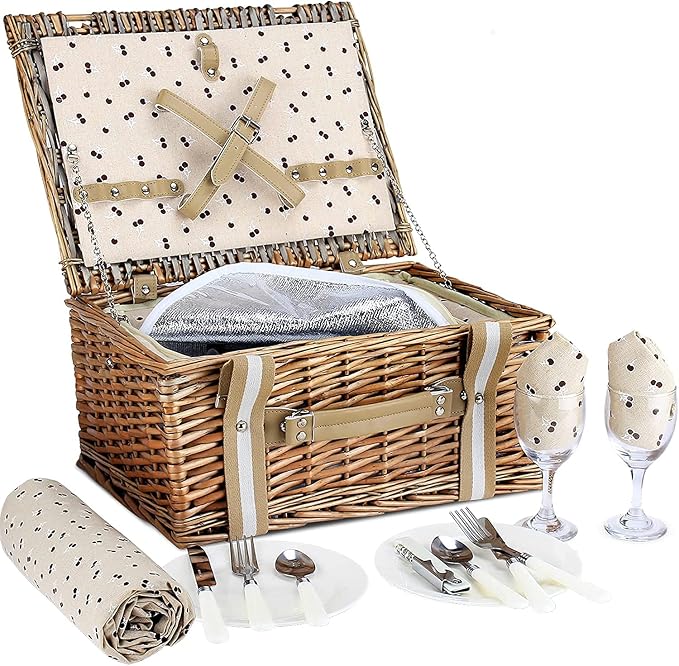 Willow Picnic Basket Set for 2 Persons with Large Insulated Cooler Bag and Waterproof Picnic Blanket, Wicker Picnic Hamper for Camping,Outdoor,Birthday