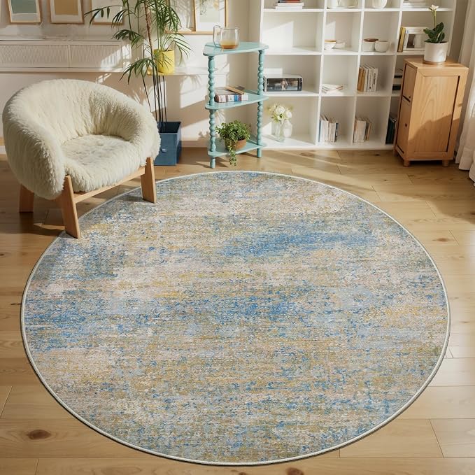 Tangsoo Abstract Round Rug 4ft Washable Circle Rug, Modern Non Slip | Contemporary Circular Rug, Low Pile Small Round Carpet for Bedroom, Entryway, Nursery, Dorm, Kitchen, Blue Beige Home Decor