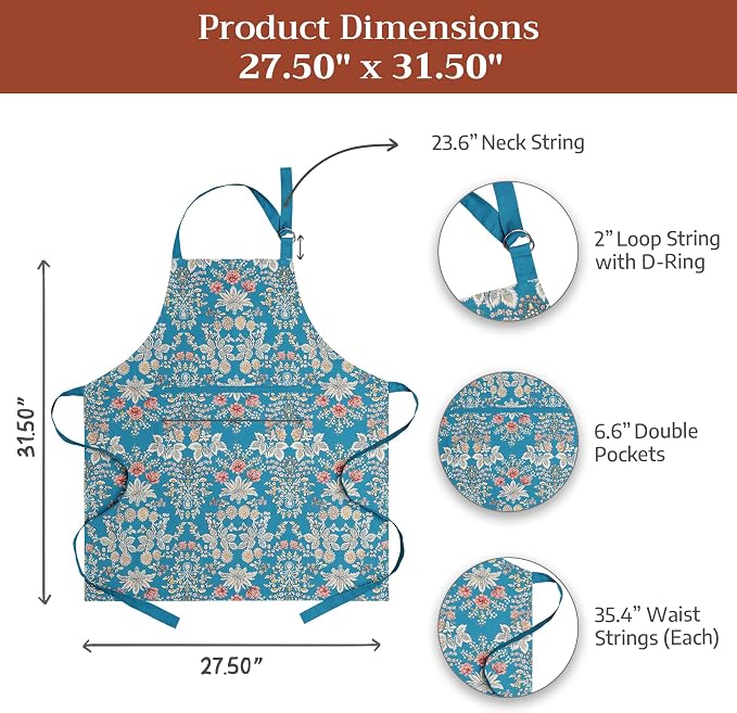 Maison d' Hermine Aprons for women with Pocket 100% Cotton (27.50"x31.50") | Adjustable Neck Strap & long ties Apron Men Chef Wedding Cooking Gardening Server Maid
