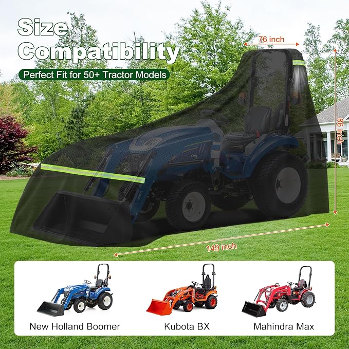 Tractor Cover Waterproof Heavy Duty 600D, Universal Fit, 149''x76''x86'' | Fits Kubota BX, John Deere, New Holland Boomer, Mahindra Max, Kioti, Windproof with Air Vent, Outdoor Protection, Storage Bag
