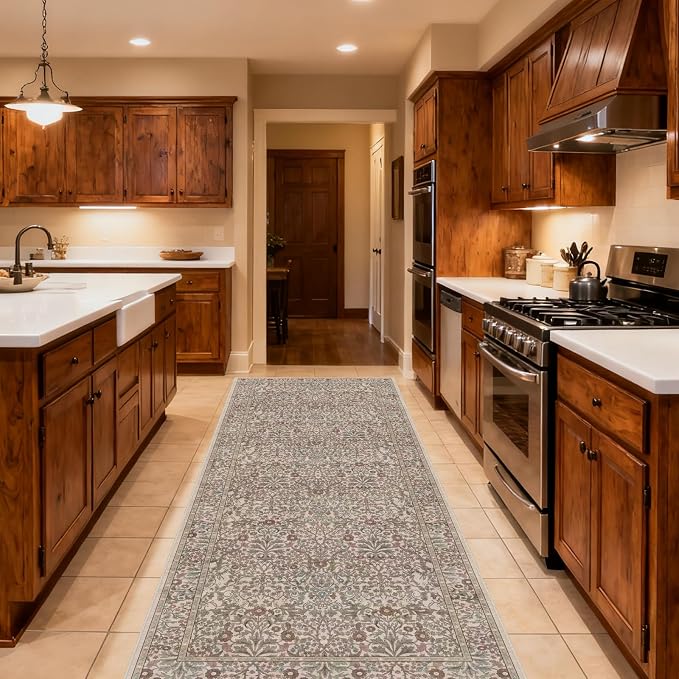 Washable 2' x 6' Runners for Hallways, Non Slip Long Floor Runner for Kitchen, Entryway Indoor, Stain Resistant Rubber Backing Floral Decor Rug (Moss)