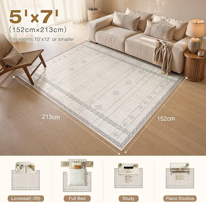 cotiled Boho 5x7 Area Rugs for Living Room: Soft Moroccan Washable Rug | Solve Modern Neutral Trendy Home Decor - Stain Resistan Carpet for Bedroom Beige Grey