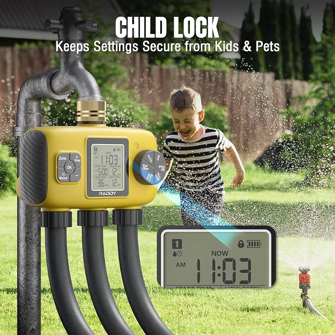 Raddy WS-8 Sprinkler Timer 3 Zone, Heavy-Duty Outdoor Irrigation Controller with Manual Watering, Rain Delay, High-Pressure 6V Valve, Fully Waterproof for Garden Yard, Yellow
