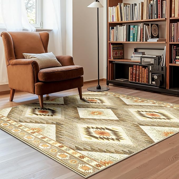 4ft-Square Washable Area Rug for Living Room Cream/Camel | Soft Western No Slip Low Pile Print Foldable Indoor for Kitchen Dining Room