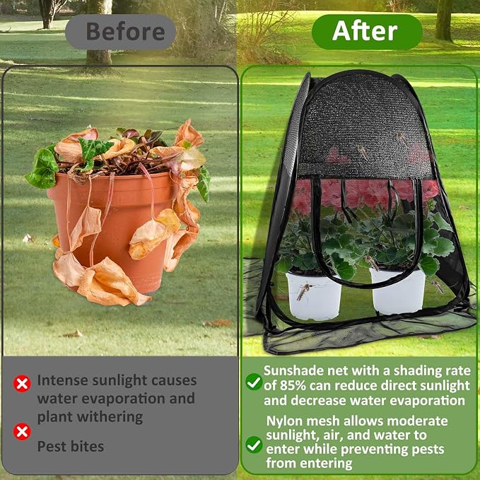 Pop up Plant Shade Tent, Plant Shades for Outdoor Plants Mesh Plant Cover with 8 Stakes Pop up Gardening Net Cover with Zipper Door Pest Guard Cover Protect Outdoor Plants from Animals（ 28x28x32in）