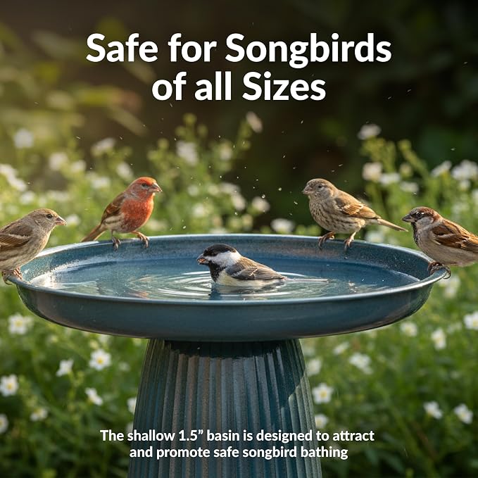 Sunnydaze Gleeful Garden 23" Iron Pedestal Bird Bath for Outside - Modern Shallow Basin Birdbath for Outdoors with UV-Protected Rust-Resistant Finish for Patio, Garden, Yard Decor - Blue Glaze