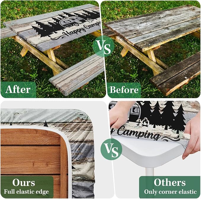 Picnic Table Cover with Bench Covers Elastic Edges, Wood Camper Fitted Table Cover, Outdoor Camping Essentials 72 Inch 3PCS, Waterproof Camping Fitted Tablecloth with Drawstring Bag