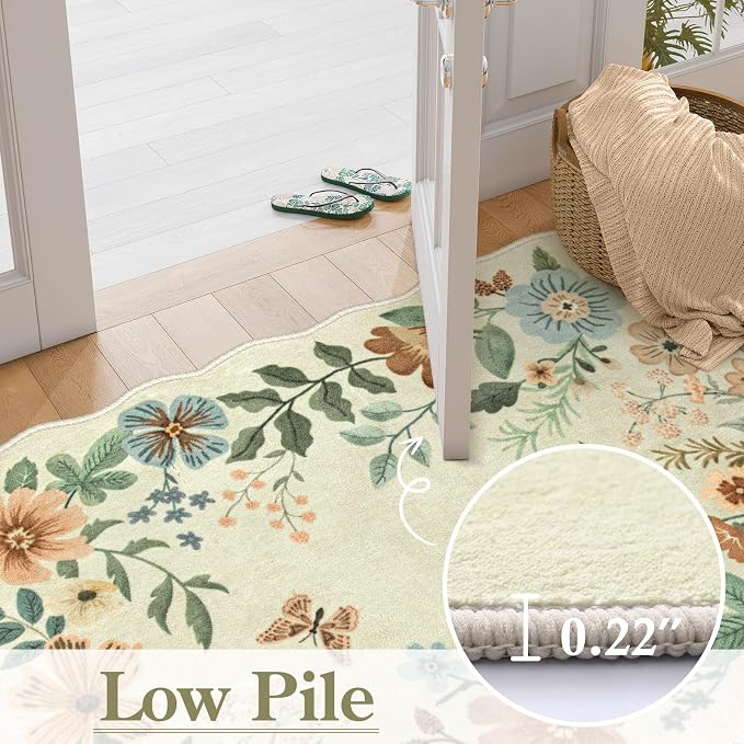 Lahome Floral Machine Washable Rug, Soft 3x5 Rugs for Entryway Bedroom | Non Slip Ultra-Thin Boho Rugs for Living Room Stain Resistan Throw Carpet for Nursery Entrance Flore, Beige