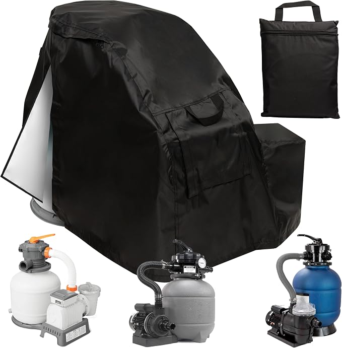 Pool Pump Cover for Above Ground Sand Filter Pumps, 600D Oxford | For 14-16 Inch Sands Filter Pump, Zipper Access, Buckle Strap, Hook-and-Loop Openings, Includes Storage Bag, Winter Closing