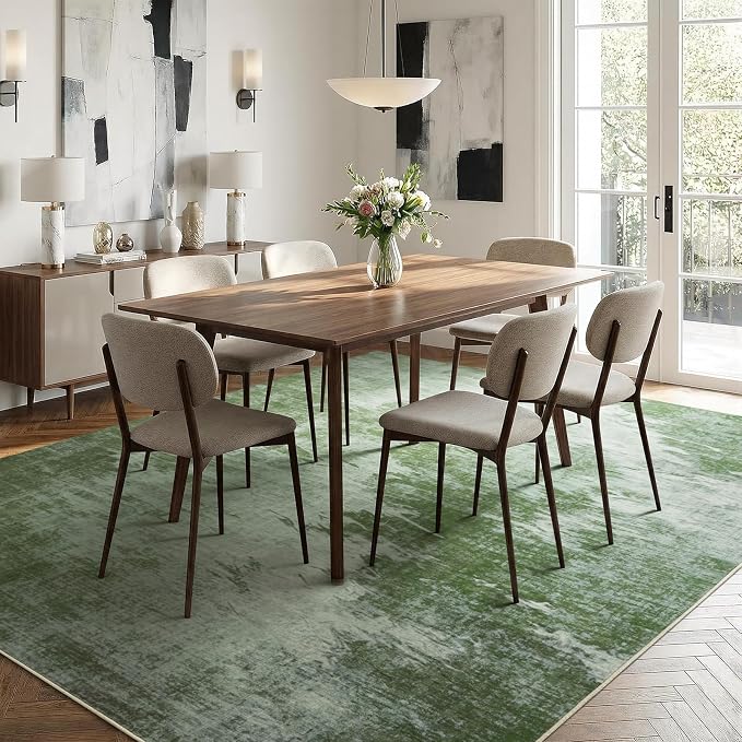 8x10 Abstract Faux Wool Low Pile Large Rug for Living Room Woodland | Machine Washable Non-Slip Area Rugs, Kids-Friendly Stain Resistant Carpet for High Traffic Areas, Luxury Home Decor, Green