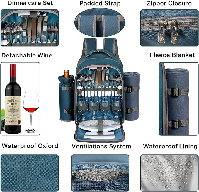 Hap Tim Picnic Basket Backpack for 4 Person with Blanket, Wine Holder, Cooler Compartment, Cutlery Set, Couples Gifts, Mr & Mrs Gifts, Bridal Shower Gifts, Registry Wedding Registry, Blue (3065-BL)