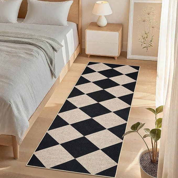 GarveeHome Easy Jute Rugs 2x8 Checkered Kitchen Runner Rugs Black | Non Skid Washable Stain Resistant Indoor Outdoor Rugs for Living Room, Bedroom, Dining, Patio - Farmhouse Style