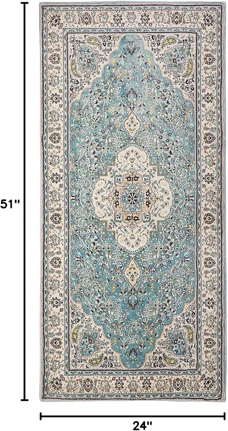 Lahome Felice Floral Medallion Area Rug - 2x4.3 Hallway Rug Runner Kitchen Sink Mat Turkish Faux Wool Non-Slip Washable Low-Pile Carpet for Indoor Laundry Bedroom Entrance Bathroom, Sky/Baby Blue