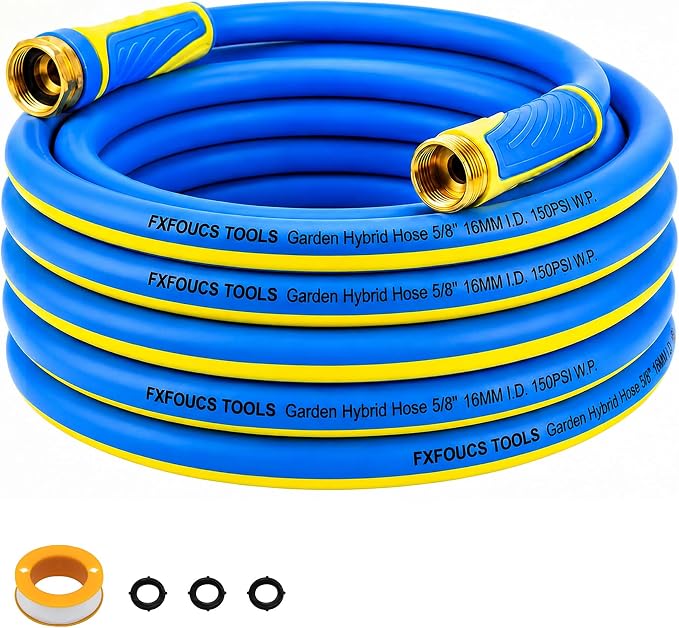 PremiumPro 50FT 5/8" Heavy Duty Reinforced Garden Hose, Large Flow,600 PSI Burst Pressure, Four Layer Hybrid Polymer Anti Kink with 360 Swivel Brass Connectors and handle for yard,washing & irrigation