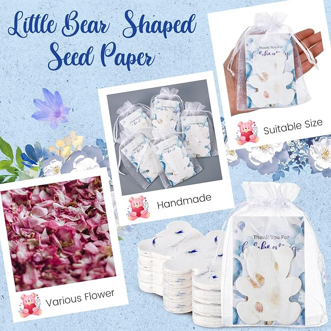 Dunzoom 50 Sets Baby Shower Party Gifts for Guests Little Bear Shaped Seed Paper Handmade Flower Petals Tags Plantable Wildflower Seed Paper Recycled Thank You Cards and Organza Bags for Party Favors